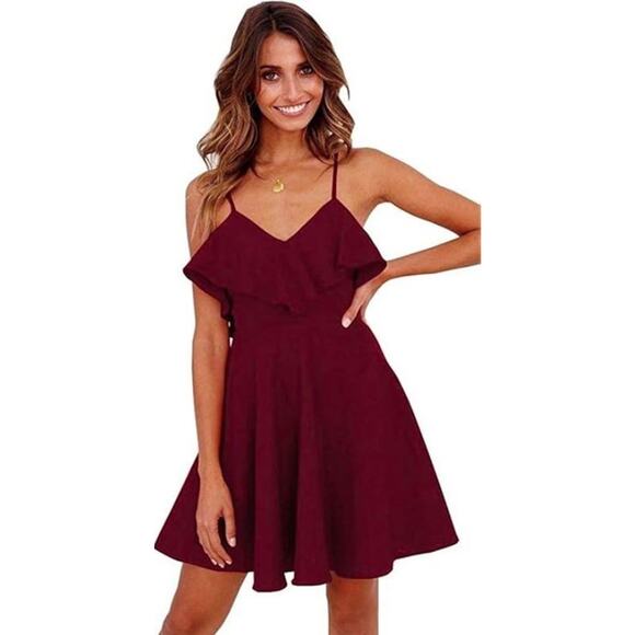 Row A Women's Sleeveless Ruffle Neck Skater Mini Dress in Garnet Medium MSRP $28 - Picture 1 of 4